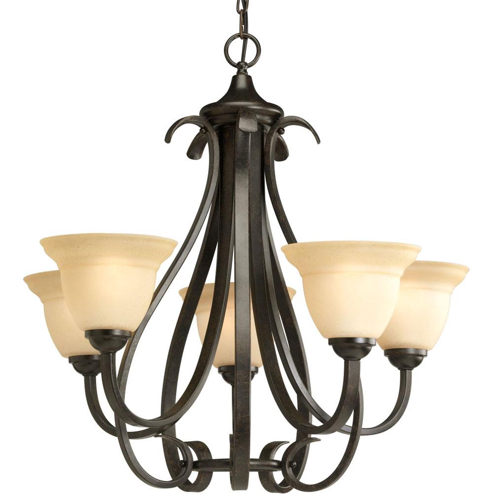 Progress Lighting Torino Collection Five-Light Forged Bronze Tea-Stained Glass Transitional Chandelier Light
