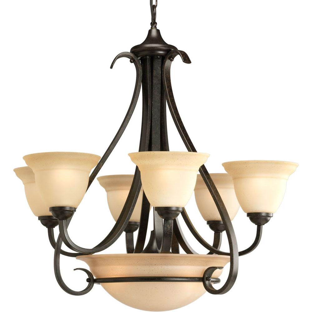Progress Lighting Torino Collection Six-Light Forged Bronze Tea-Stained Glass Transitional Chandelier Light