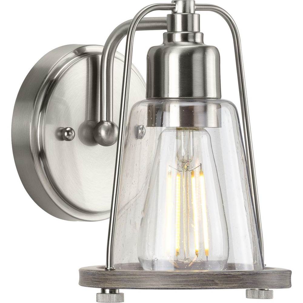 Progress Lighting Conway Collection One-Light Brushed Nickel and Clear Seeded Farmhouse Style Bath Vanity Wall Light