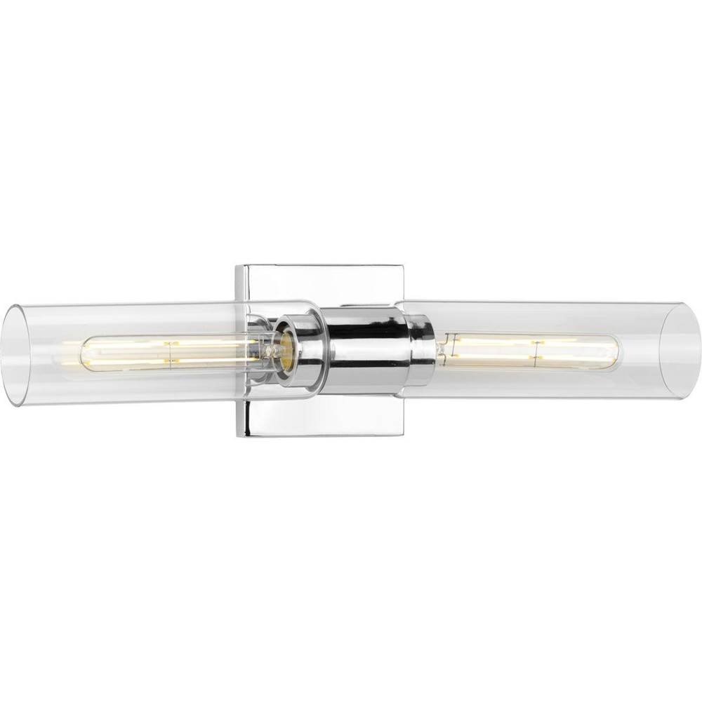 Progress Lighting Clarion Collection Two-Light Polished Chrome and Clear Glass Modern Style Bath Vanity Wall Light