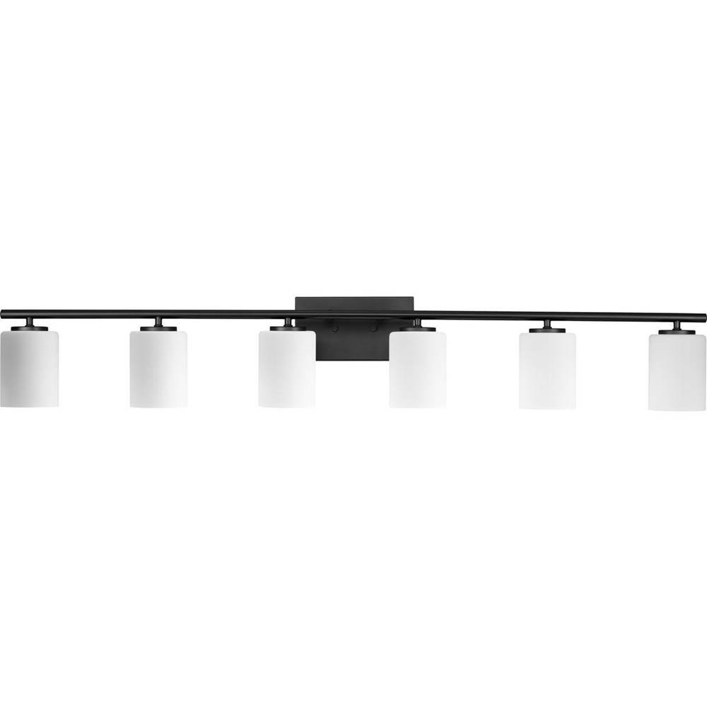 Progress Lighting Replay Collection Six-Light Traditional Textured Black Etched White Glass Bath Vanity Light