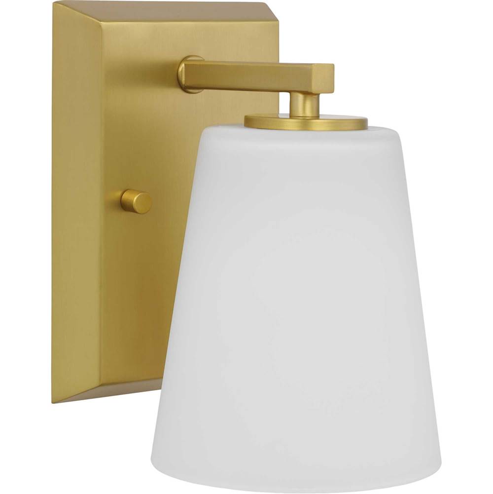 Progress Lighting Vertex Collection One-Light Brushed Gold Etched White Glass Contemporary Bath Light