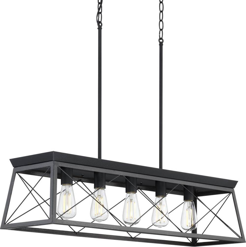 Progress Lighting Briarwood Collection Five-Light Textured and Cerused Black Farmhouse Style Linear Island Chandelier Light