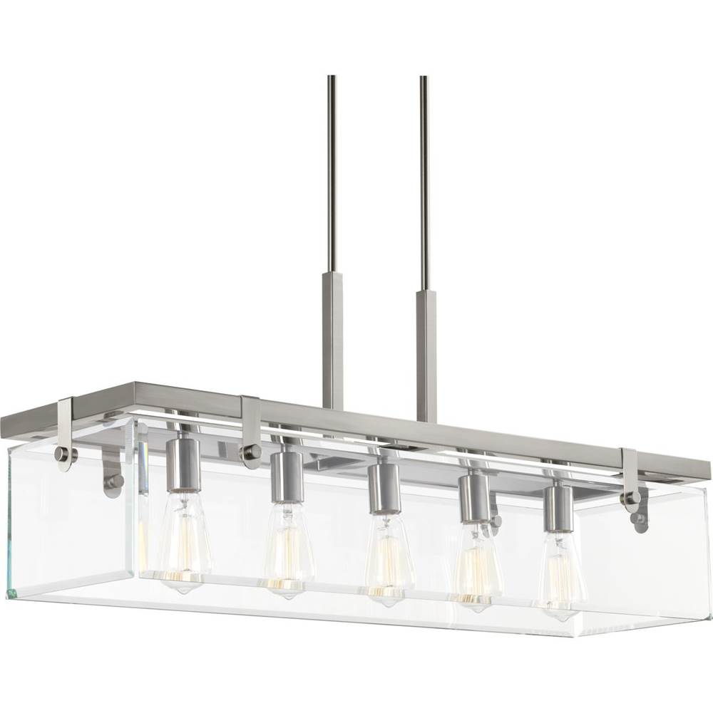 Progress Lighting Glayse Collection Five-Light Brushed Nickel Clear Glass Luxe Linear Chandelier Light