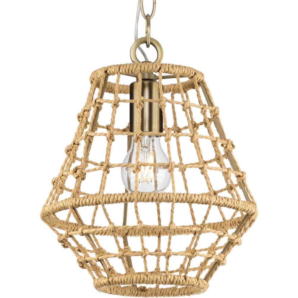 Progress Lighting Laila Collection One-Light Vintage Brass Coastal Pendant with Woven Jute Accent