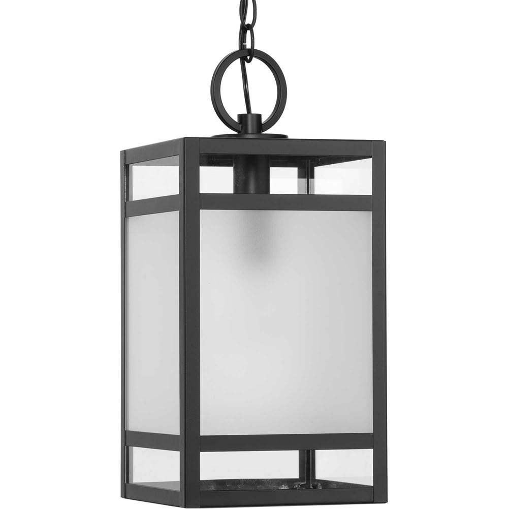 Progress Lighting Parrish Collection One-Light Matte Black Clear and Etched Glass Modern Craftsman Outdoor Hanging Lantern
