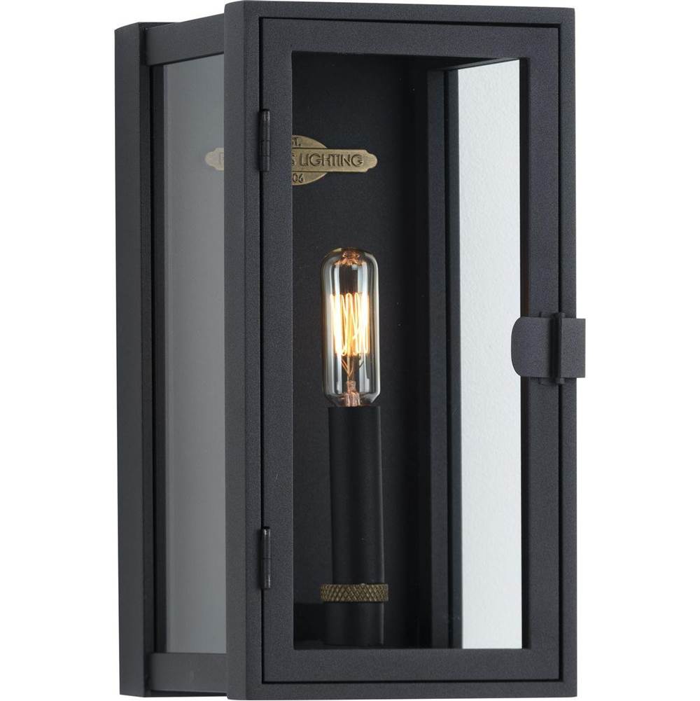 Progress Lighting Stature Collection One-Light Textured Black and Clear Glass Transitional Style Small Outdoor Wall Lantern
