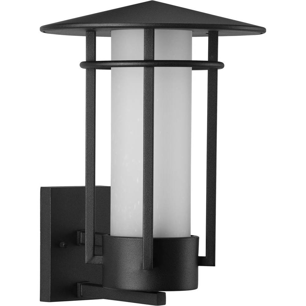 Progress Lighting Exton Collection One-Light Textured Black and Etched Seeded Glass Modern Style Large Outdoor Wall Lantern