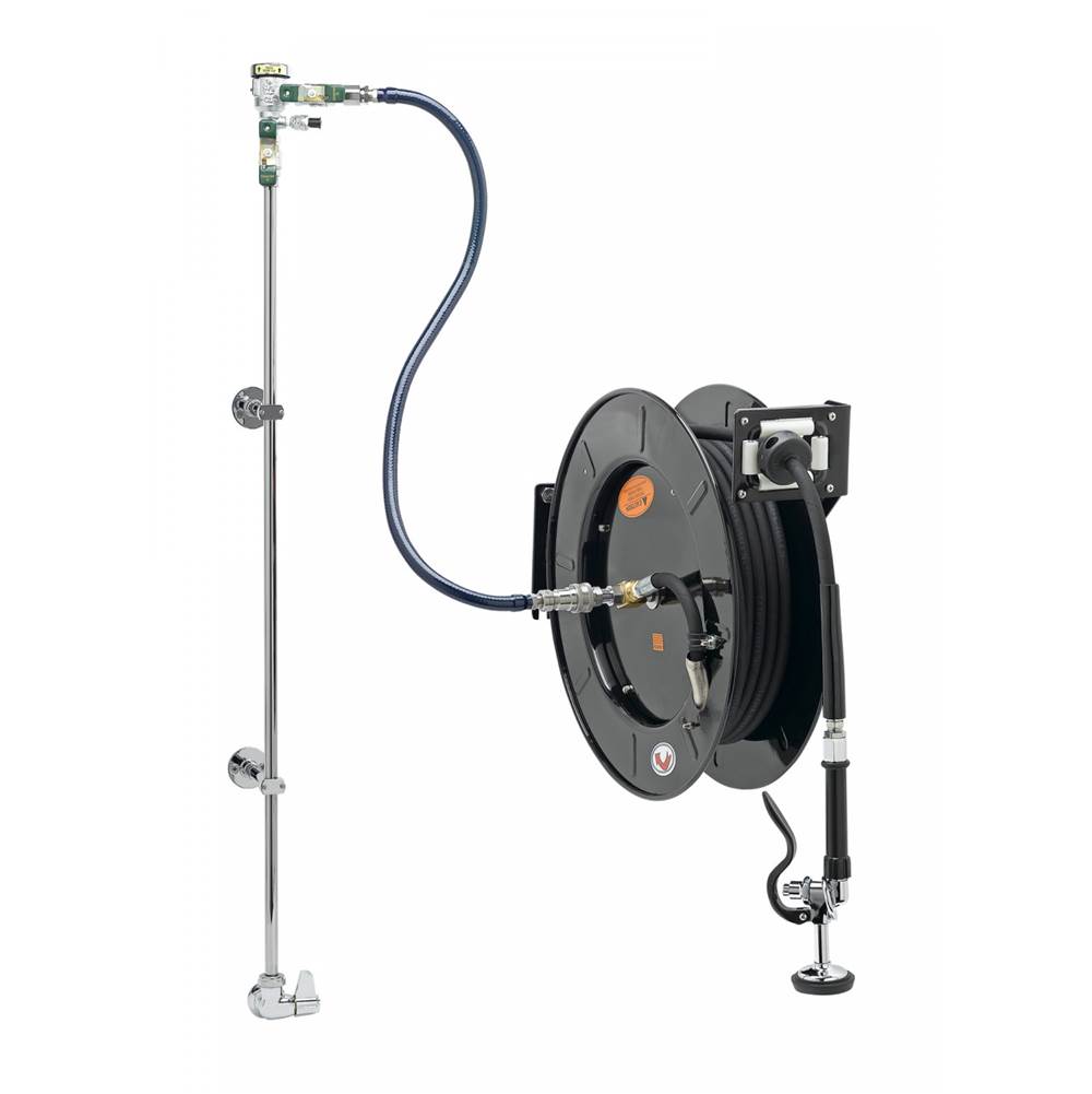 T&S Brass EQUIP Hose Reel System, Single-Temp Wall Mount Base Faucet, 3/8'' x 50' Hose