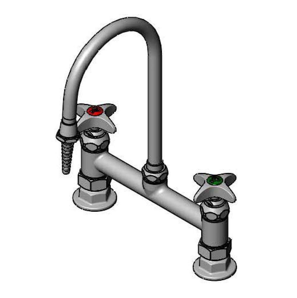 T&S Brass Lab Mixing Faucet, 8'' Deck Mount, Swivel/Rigid Gooseneck, Serrated Tip, 4-Arm Handles