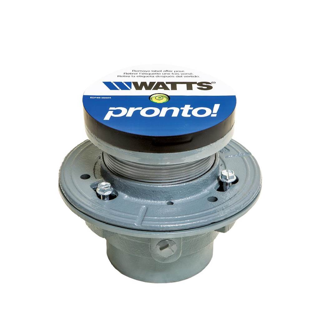 Watts Pronto Floor Drain, CI, Pre/Post-Pour Adjust, Level Shims/Bubble, Anchor Flange, Rev. Clamp Collar,8 IN NB Strainer,3 IN PO Outlet