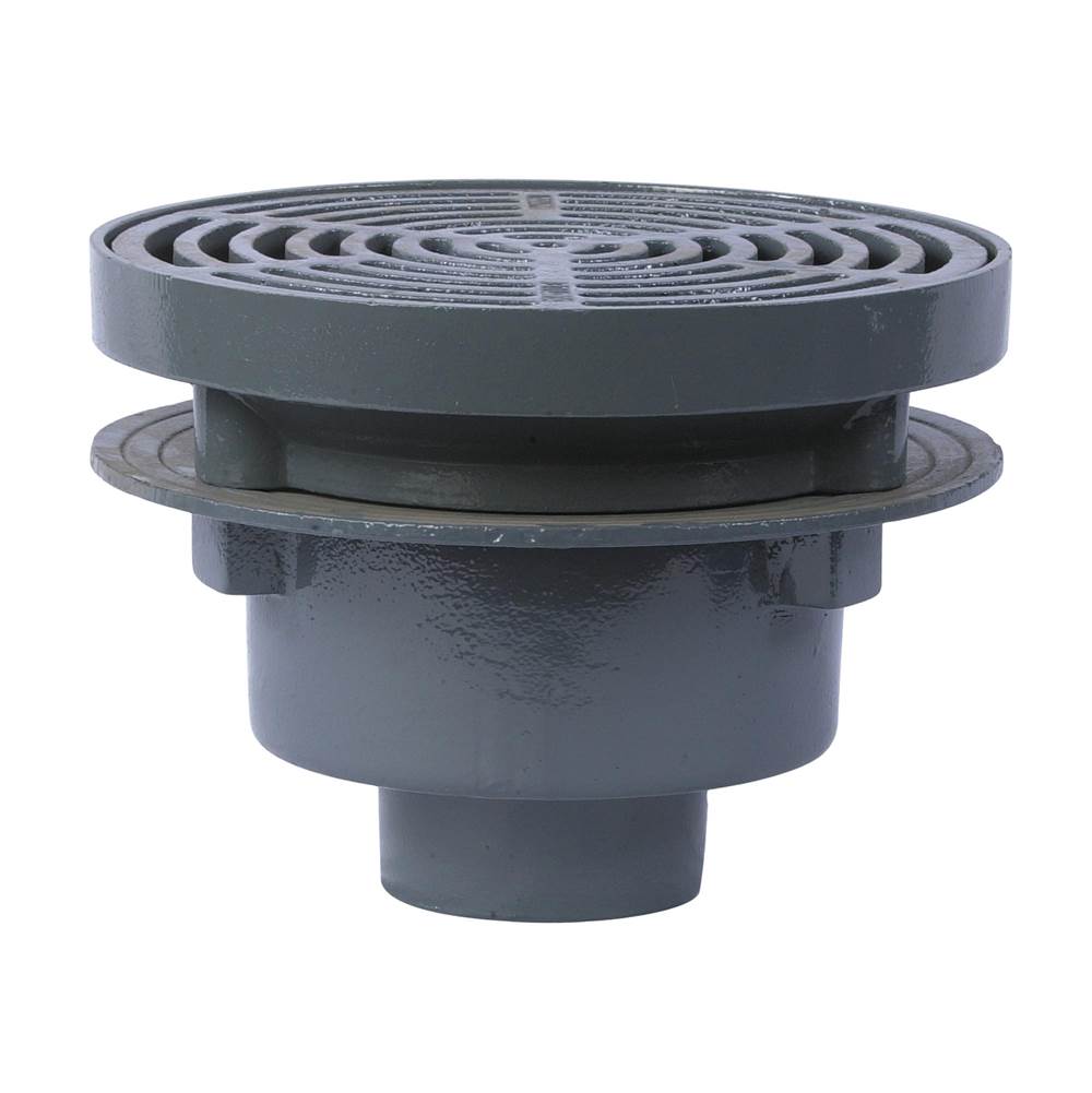 Watts Floor Drain, 8 IN Pipe, No Hub, Anchor Flange, Weepholes, 12 IN Round Ductile Iron Grate, Epoxy Coated Cast Iron